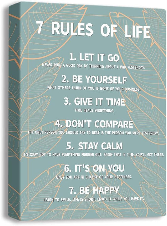 7 Rules Of Life Canvas Decoration Painting, Suitable For Office, School, Library,Home (29x38cm) Framed (Green)