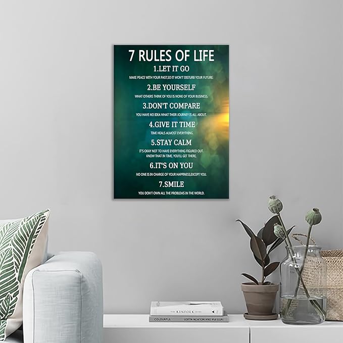 Motivational Canvas Poster Wall Art Home Decor Inspirational 7 Rules Of Life Entrepreneur Quotes Print Positive Theme Painting Artwork for Kitchen Teens Room Office Stretched and Framed [18''Hx24''W]