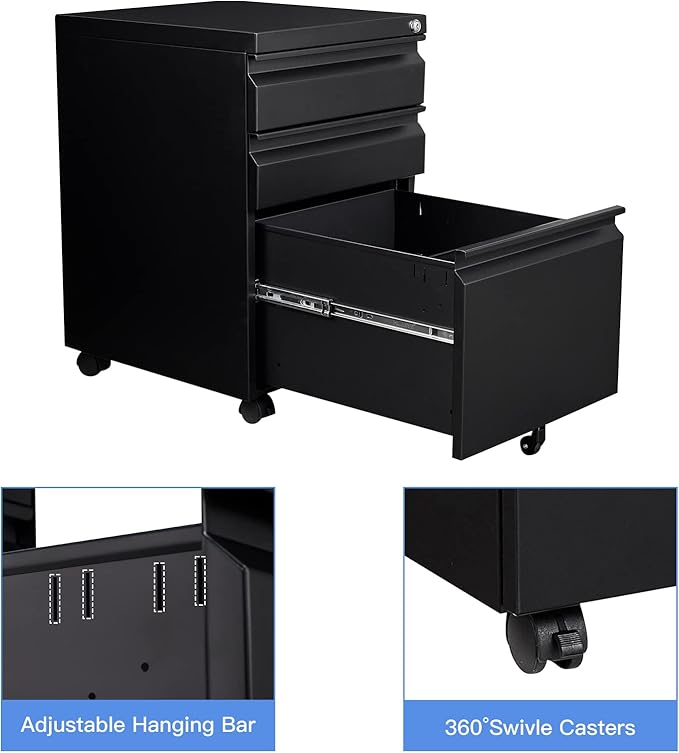 Yizosh 3 Drawer Mobile File Cabinet with Lock, Black Under Desk Rolling Filing Cabinet, Metal Locking File Cabinet on Wheels for Legal/Letter/A4 File (Required Assemble)
