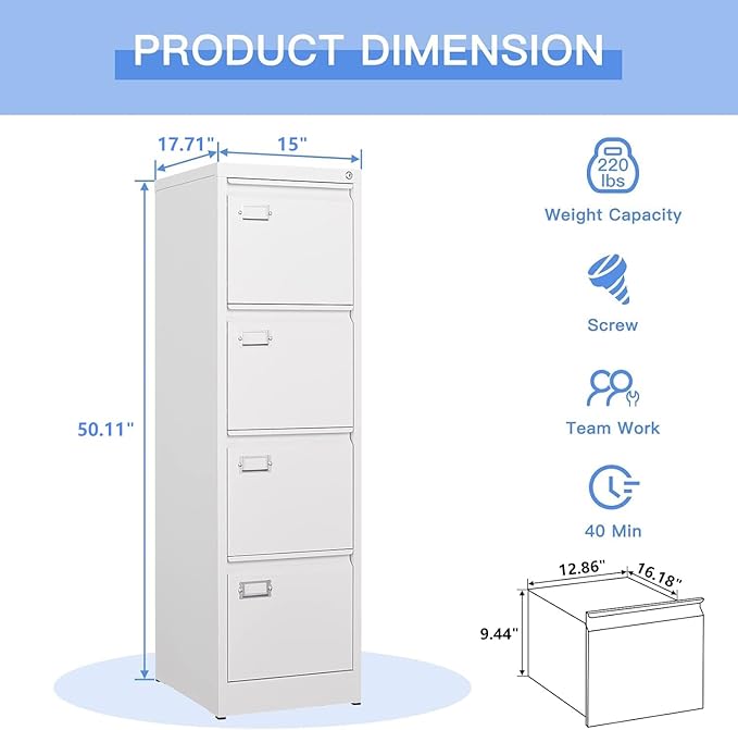 Yizosh 4 Drawer White File Cabinet with Lock, Filing Cabinets for Home Office, Metal Locking Office File Storage Cabinets with Drawers, Vertical Small Filing Cabinet Organizer for Legal/A4