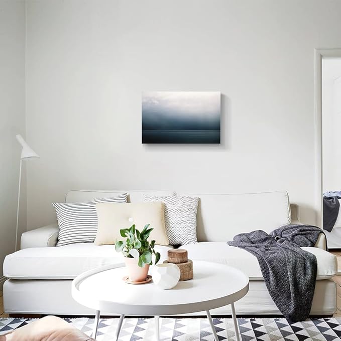 Large Canvas Wall Art Modern Abstract Art Paintings Green Mountains Blue Sea Under the Grey Sky Scenery Framed Artwork Pictures for Living Room Bedroom Hallway Wall Decor 24x16in