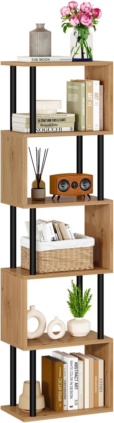 IBUYKE 6-Tier Tall Bookshelf,S-Shaped Geometric Bookcase, Wood Display Shelves with Storage,Modern Bookshelf for Living Room Bedroom, Home Office,Oak WBC016K