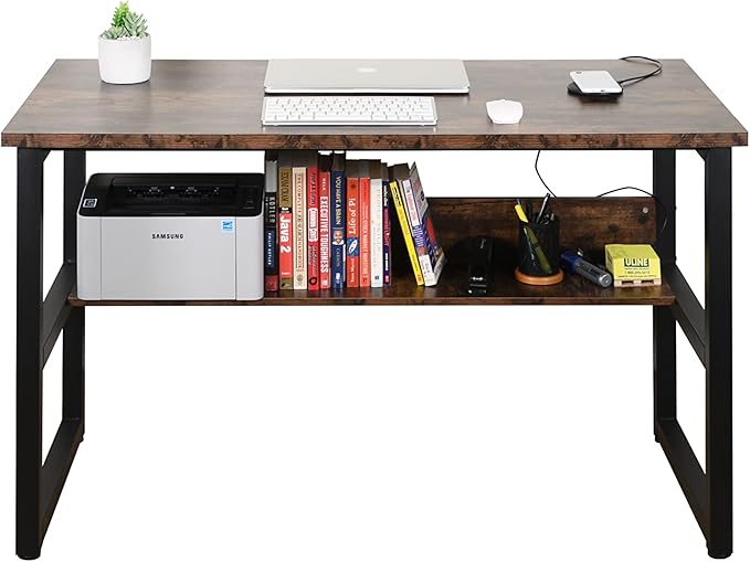 Computer Study Desk with Bookshelf, Large Home Office Desk with Storage and Shelf Industrial Study Writing Drawing Table with Space Saving Design Modern Simple Style Laptop Table