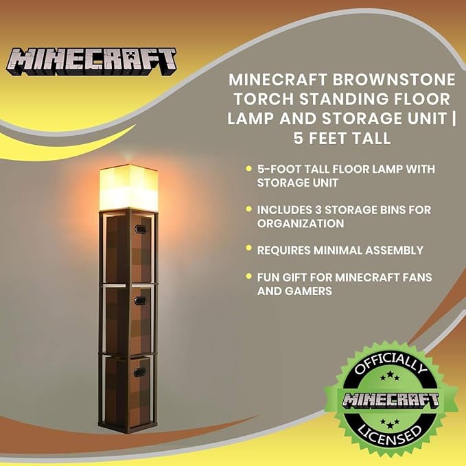 Minecraft Brownstone Torch 5-Foot Standing Floor Lamp and Storage Unit | Includes 3 Cube Organizer Storage Bins