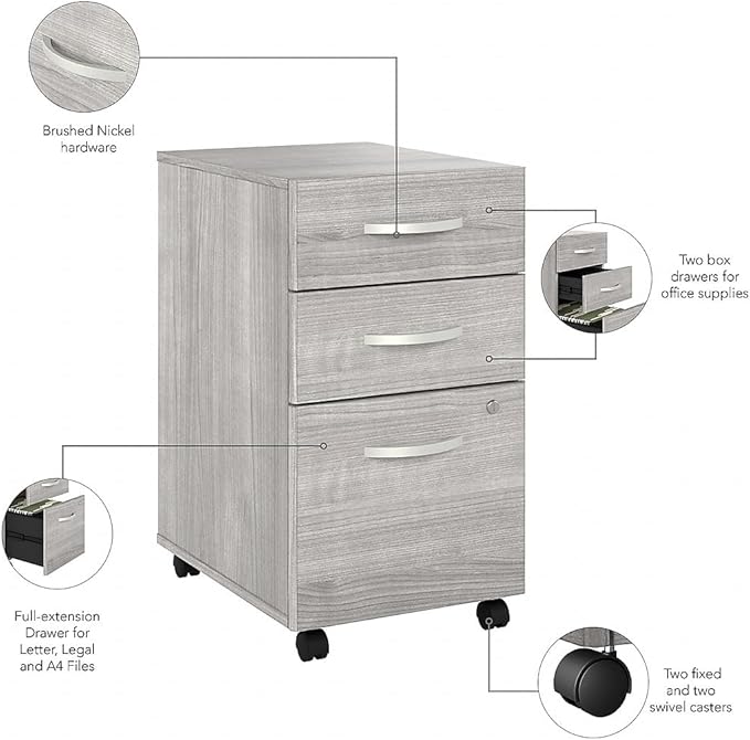 Bush Business Furniture Hybrid 3 Drawer Mobile File Cabinet-Assembled, Platinum Gray