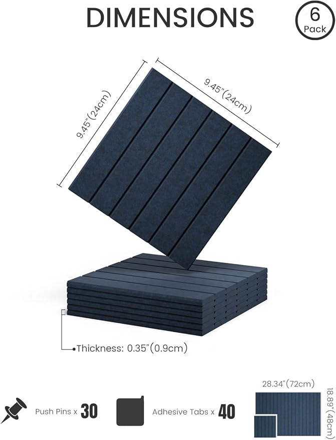 Fluxynara Felt Bulletin Board Tiles -28"x18" with 40 Adhesive Tabs, Cork Board Alternative for Office Decor, Push Pin Board Wall Organizer 6-Pack (Navy Blue)