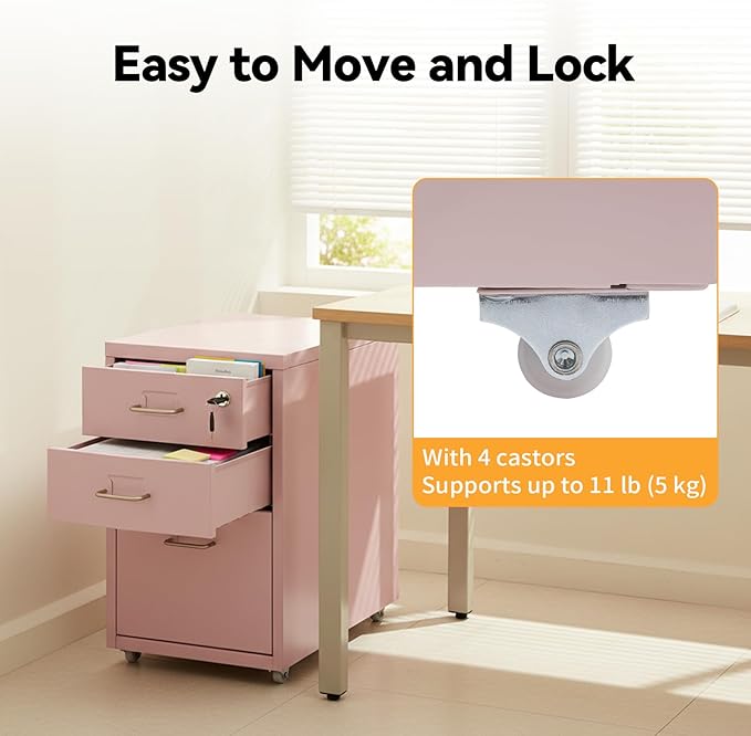 3 Drawer File Cabinet, Lockable Small Filing Cabinet for Home Office, with Wheels, Fits A4 / Letter Size, Steel Office File Cabinets (Pink)