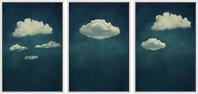 SIGNWIN 3 Piece Framed Canvas Wall Art A Series of White Clouds in The Blue Sky Nature Wilderness Illustrations Abstract Traditional Home Artwork Decoration for Living Room,Bedroom - 16"x24"x3 White