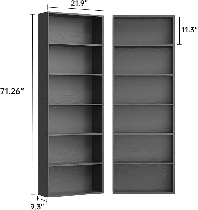MXV Bookshelf Set of 2, 6 Tier Bookcase, Book Shelf Open Storage Organization, Floor Standing Display Bookshelves and Office Storage Stand for Living Room, Home Office, Dinning Room, Black