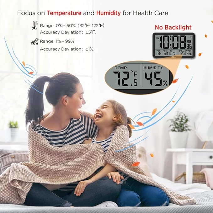 WallarGe Auto Set Digital Wall Clock Battery Operated, Desk Clocks with Temperature, Humidity and Date, Large Display Digital Calendar Alarm Clock for Elderly, Bedroom, Office, 8 Time Zone, Auto DST.