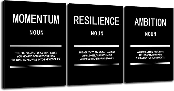 WYJZDZQ8 3 Panel Inspirational Canvas Print Wall Art Ambition Momentum Resilience Motivational Poster Painting Modern Inspiring Artwork for Home Office Living Room Decor Ready to Hang [36''Wx 16''H]