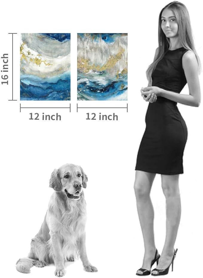 Hardy Gallery Blue Abstract Canvas Wall Art: Beige Print Picture Artwork for Bathroom without hand painted gold foils for Small Size(16'' x 12'' x 2 Panels)