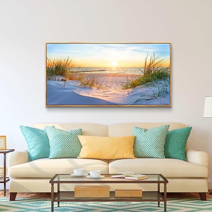 MHARTK66 Sunset Beach Wall Art for Living Room Golden Sunlight Sea Grass Dune Blue Ocean Seascape Picture HD Print On Canvas for Bedroom Office Home Decoration Framed Artwork Ready to Hang 30"x 60"
