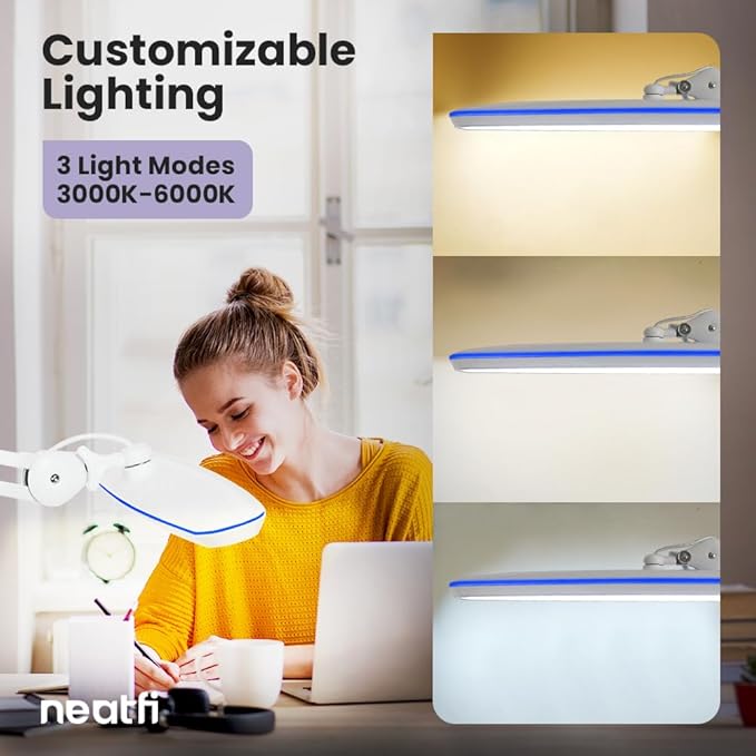 Neatfi XL 2,200 Lumens 20W LED Task Lamp – 23” Ultra-Wide Head | 182 SMD LEDs | 4 Brightness Levels | 3 Light Modes | Eye-Caring, Glare-Free | Adjustable Arm (White, CCT with Clamp)