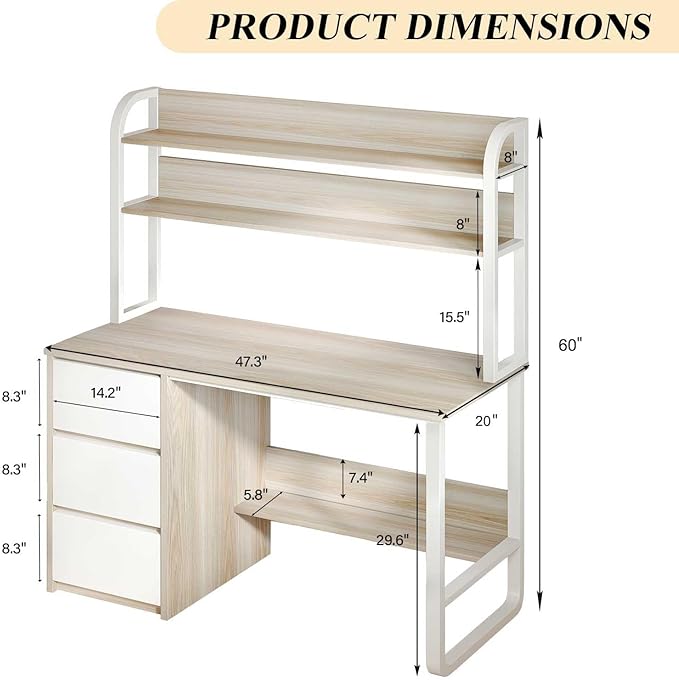 Computer Desk with Hutch, 47 Inch Small Desk with 3 Drawers for Bedroom, Study Writing Desk with Shelves for Small Spaces, Adjustable Feet, Walnut