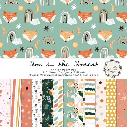 Woodland Animal Scrapbook Paper Pad 6x6 – Fox, Bear, Rabbit, Owl Designs, Nursery Theme Origami & Decoupage Sheets for DIY Crafts, Cardmaking, Scrapbooking, Junk Journals – 24 Pcs