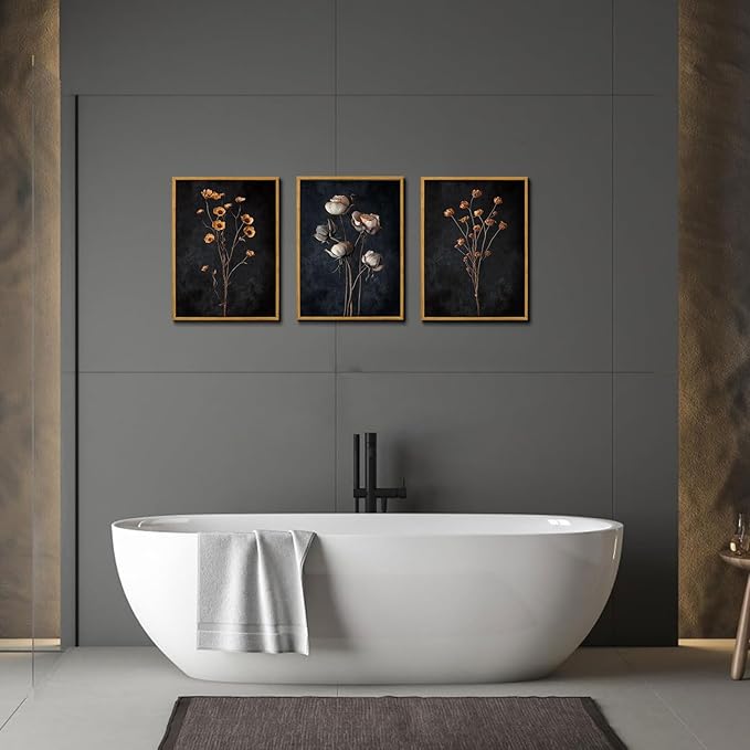 KISSFOX 3 Piece Moody Dried Flower Canvas Wall Art For Bedroom Dark Vintage Floral Framed Wall Art Rustic Aesthetic Botanical Art Prints for Living Room Bathroom,12x16 in