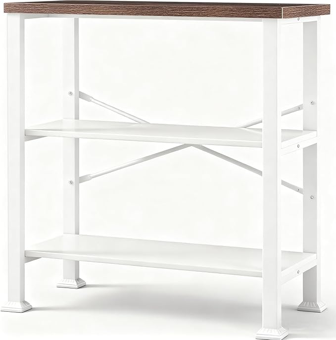 HOMBAZAAR 3 Tier Bookshelf,White Brown Industrial Book Shelf,Engineered Wood and Metal Small Bookcases,Low Shelf Bookcase for Living Room,Office,Bedroom and Kitchen