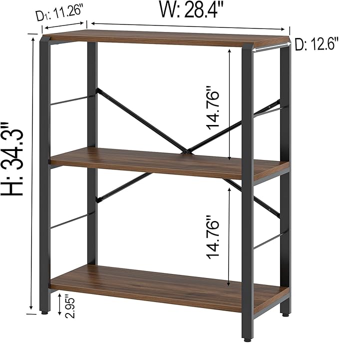 FOLUBAN Small Bookshelf, 3 Tier Rustic Book Shelf with Storage, Industrial Low Short Bookcases for Office, Bedroom and Living Room, Rustic Walnut