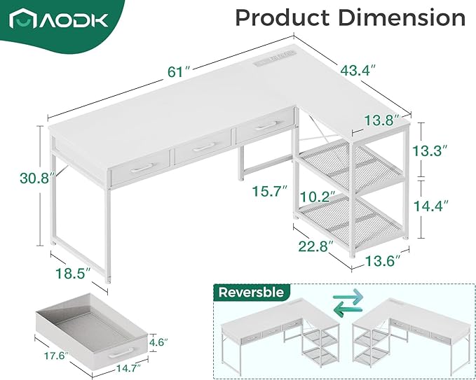 AODK 61 Inch L Shaped Computer Desk with Drawers, Corner Desk with Power Outlets & Reversible Storage Shelves, for Home Office Gaming, White