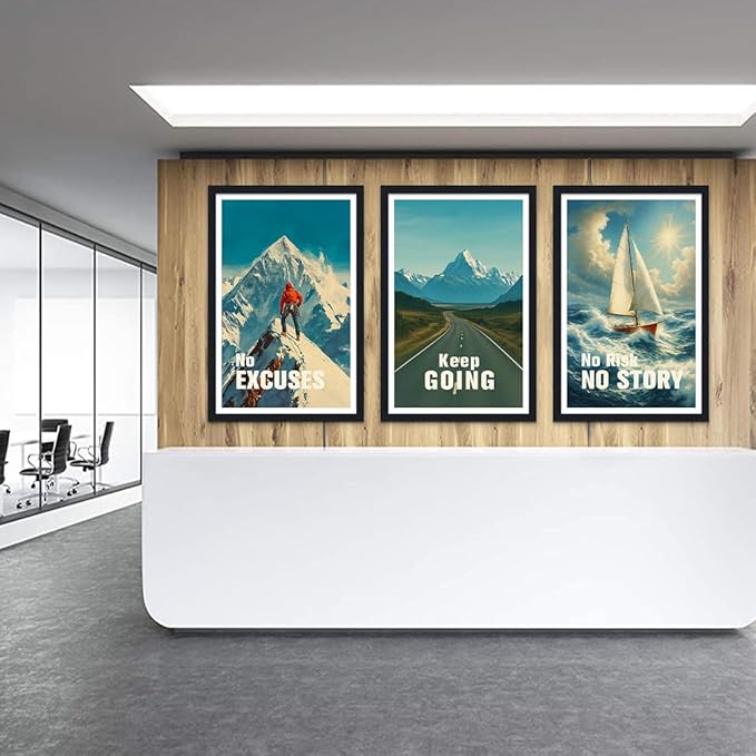 3 Piece Motivational Wall Decor - Framed Office Wall Art, No Excuses Keep Going No Risk No Story Inspirational Canvas Prints for Home Gym | Mountain Road & Sailboat Artwork | Ready to Hang 24"x36"x3