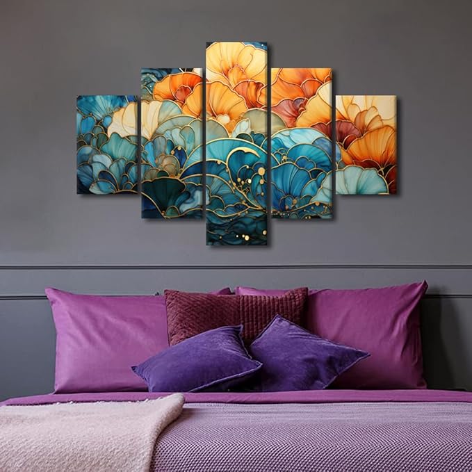 Canvas Wall Art Decor Colorful Abstract Painting Artwork Blue and Orange Abstract Wall Art 5 Panel Canvas Poster Prints for Men Lady Wall Decor Stretched Ready to Hang 60x40 in