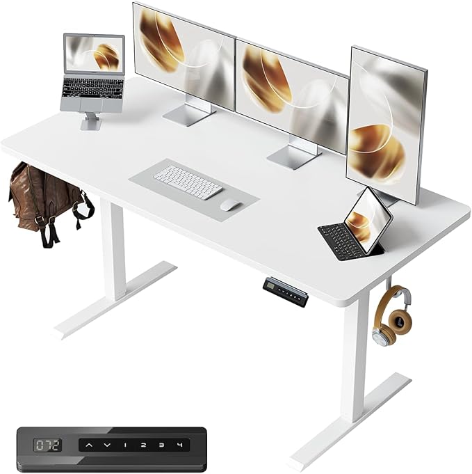 CubiCubi 55 x 24 Large One-Piece Standing Desk, Adjustable Height Electric Computer Home Office Sit Stand up Workstation, with 4 Memory Presets, Headphone Hook, White