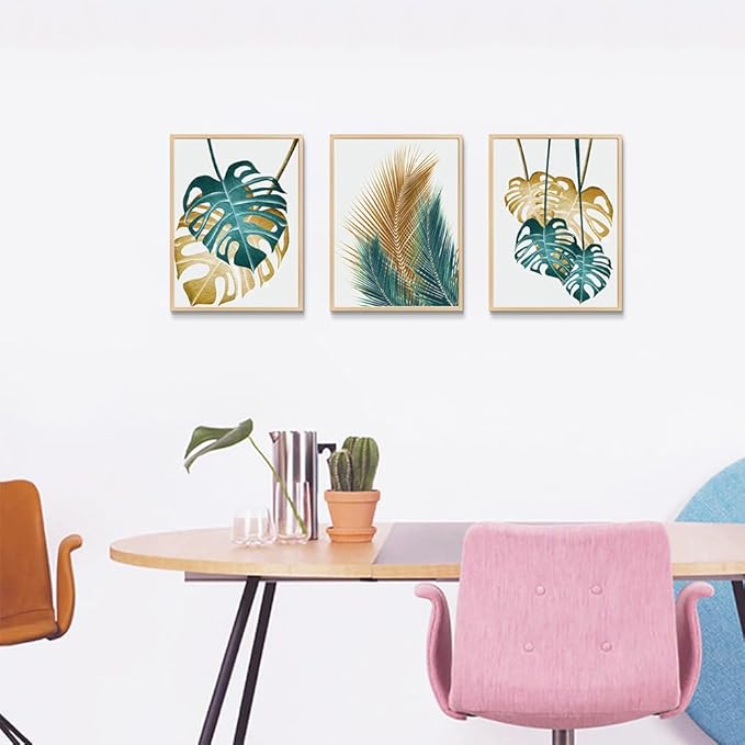 Natural Wood Framed Wall Art For Living Room Wall Decorations For Bedroom Kitchen Wall Decor Dining Room Leaves Painting Abstract Wall Pictures Artwork Bathroom Home Decor 3 Piece Framed Art Prints