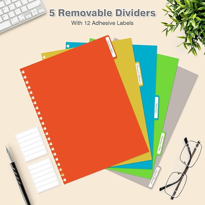Spiral Notebook 8.5" x 11", 5 Subject Notebooks College Ruled with Removable Dividers, 300 Pages 100GSM Thick Spiral Writing Journal for Women & Men, Large A4 Lined Journal Notebooks for Work, School