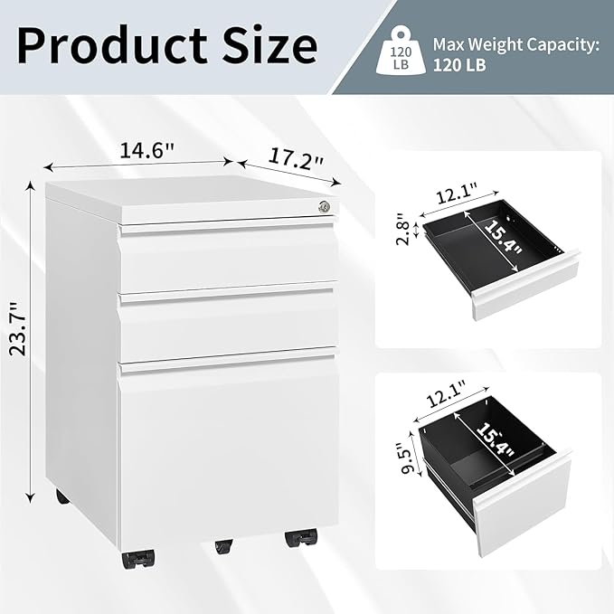 Filing Cabinet 3 Drawer, Locking File Cabinets for Home Office, Mobile Filing Cabinet for A4/Letter/Legal Size File Folders, Fully Assembled, Matte White