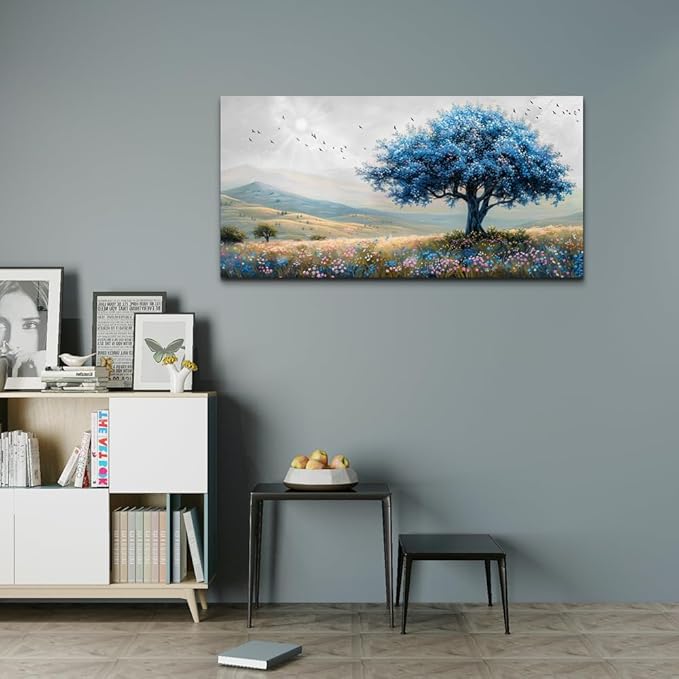 KELIYUAN Farmhouse Wall Art For Dining Room Canvas Wall Decor For Bedroom Office Modern Field Scenery Wall Painting Blue Trees Pictures Aesthetic living room Home Decor Posters Artwork 20x40 In