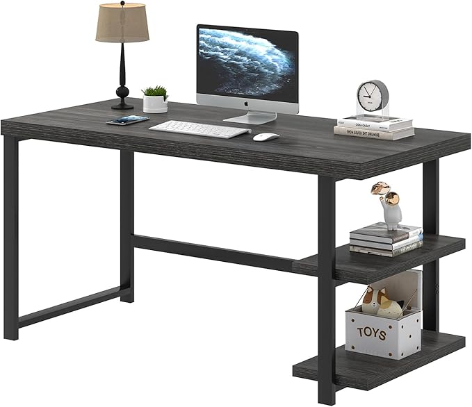 FOLUBAN 47 Inch Computer Desk with Storage Shelves, Modern Home Office Desk, Small Study Writing Desk Gaming Table Workstation for Bedroom Living Room, Industrial Dark Gray