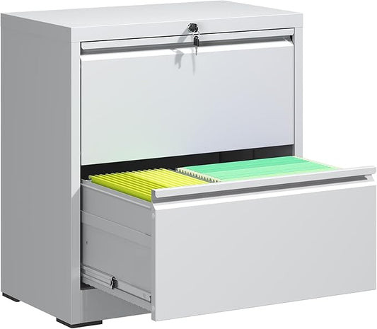 2 Drawer File Cabinet,Metal Lateral Filing Cabinet with Lock,Home Office Storage Organizer Cabinet for Legal/Letter/A4/F4 Size Files,26.8" W,White