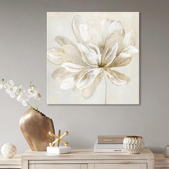 SEVEN WALL ARTS White Flower Wall Art Beige and Gold Blooming Flower Abstract Floral Artwork Print Poster for Living Room Bedroom Bathroom Home Office Wall Decor 24"x24"