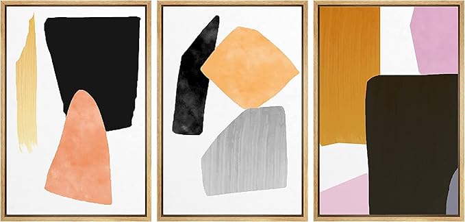 SIGNFORD Framed Wall Art Print Set Orange, Black & Purple Polygons Abstract Shapes Digital Art Modern Art Contemporary for Living Room, Bedroom, Office - 16"x24"x 3 Natural
