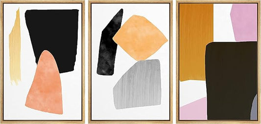 SIGNFORD Framed Wall Art Print Set Orange, Black & Purple Polygons Abstract Shapes Digital Art Modern Art Contemporary for Living Room, Bedroom, Office - 16"x24"x 3 Natural