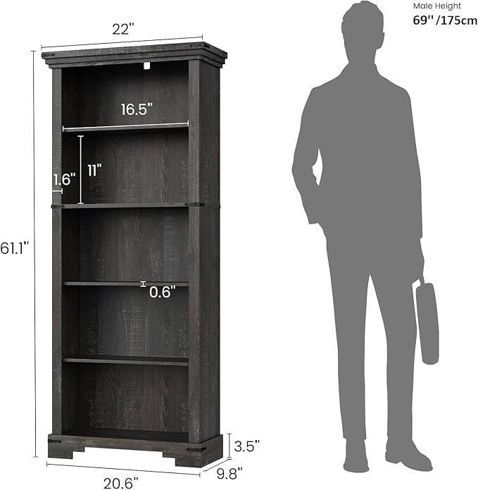 5-Tier Farmhouse Bookshelf, 61.1 inch Tall Bookcase with Storage & Unique Design & One Adjustable Shelf, Wooden Bookshelf for Study Room, Living Room, Home Office, Bedroom (Black)