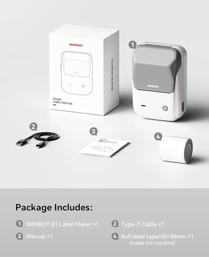 NIIMBOT B1 Bluetooth Label Maker Machine with Tape, Easy to Use, Large Waterproof Label, 2 Inch Portable Thermal Label Printer with Multiple Templates for Kitchen,Home, School, Small Business,Grey