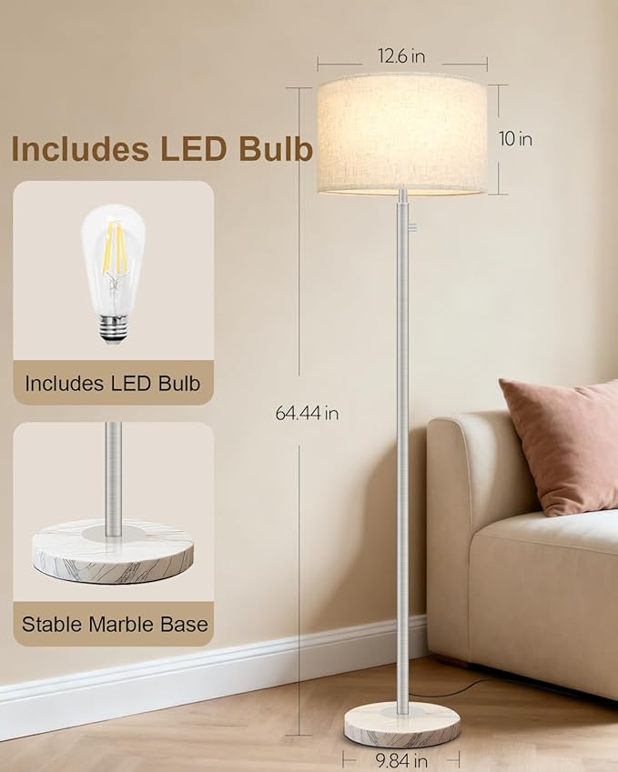 Floor Lamps for Living Room–LED Bulb Included,Dimmable Floor Lamp with Linen Shade,Modern Standing Lamp with Marble Base,Tall Floor Lamp for Bedroom,Nursery,Reading & Office,Silver