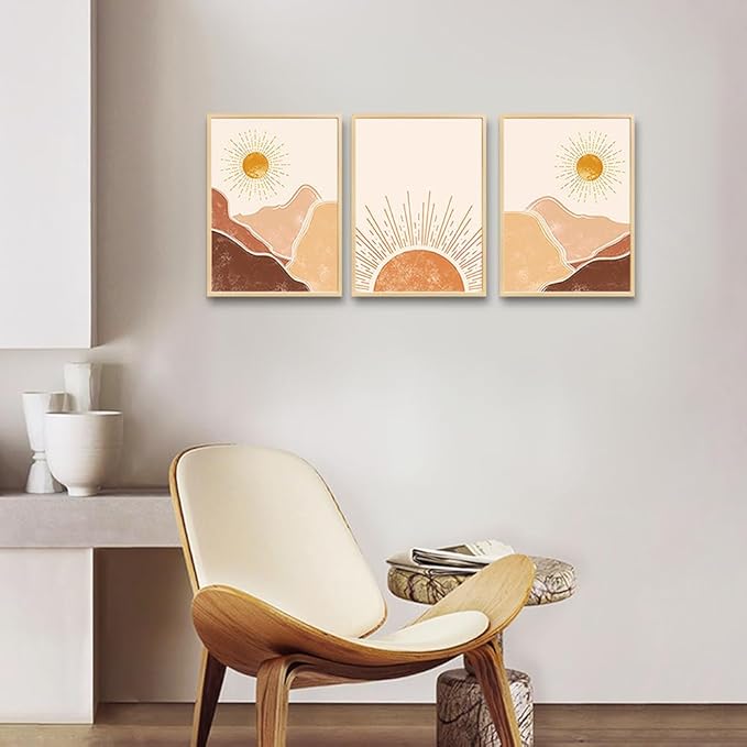 Natural Wood Framed Boho Wall Art for Bedroom, Living Room, Minimalist Office Decor - Abstract Mountain Sunshine Decorations Paintings Pictures for Girl Room Home Decor - 3 Piece