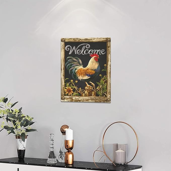 yerretin Farmhouse Rooster Wall Art Rustic Farm Chicken Pictures Wall Decor Country Canvas Painting Modern Artwork Home for Kitchen Bathroom Living Room Bedroom Office Framed 12"x16"