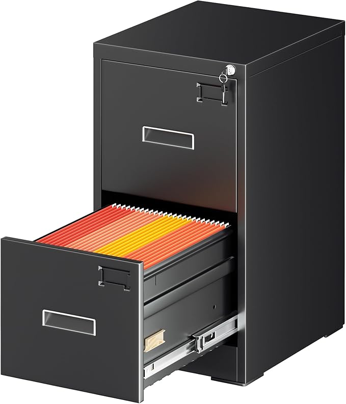 Greenvelly 2 Drawer File Cabinet with Lock, Lockable Vertical File Cabinets for Home Office, Black Metal Filing Cabinet for A4/Letter/Legal Size File, Easy Assemble