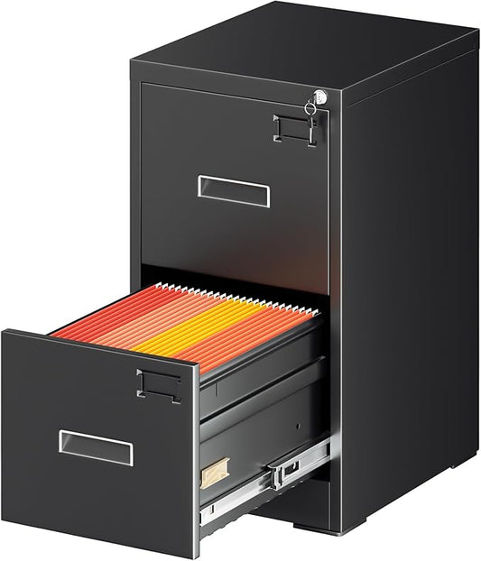Greenvelly 2 Drawer File Cabinet with Lock, Lockable Vertical File Cabinets for Home Office, Black Metal Filing Cabinet for A4/Letter/Legal Size File, Easy Assemble