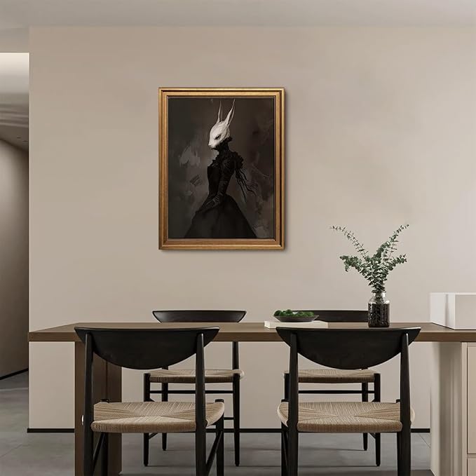Gold Framed Wall Art Vintage Canvas Wall Art Rabbit Lady Aesthetic Dark Academia Easter Bunny Artwork Prints Picture for Living Room Bedroom Farmhouse Bathroom Office Decor, 16x24