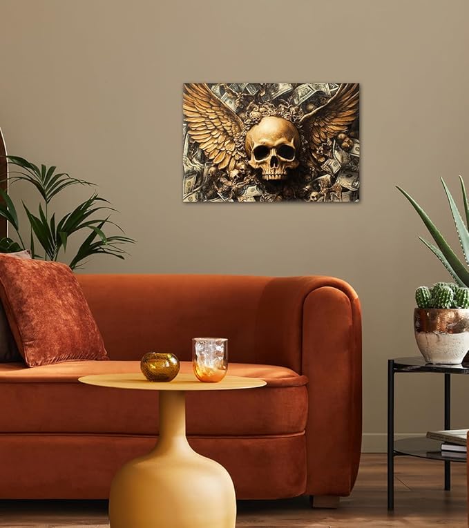 Money Wall Art Winged Skull and Dollar Posters Wall Decor Gothic Abstract Dark Canvas Print Artwork Suitable for Home Office Living Room Decor Ready to Hang 12X16inch