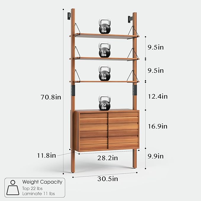 Ladder Bookshelf with Storage Cabinet, Mid Century Modern Wall Mounted Bookcase with Wood and Metal Frame, 6 Tier Open Display Shelves for Living Room, Bedroom, Home Office, Cherry