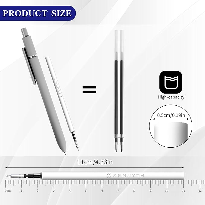 Gel Pen Refills 0.5 for Click pens with Spring, Quick Drying Ink Pen Refills Black Smooth Writing pens for Journaling (0.5 MM Fine Tip, Pack of 10)