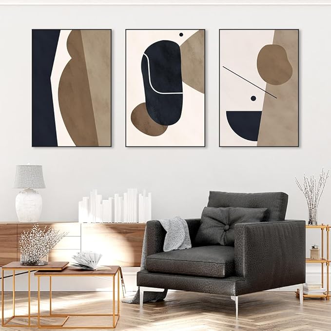Abstract Framed Canvas Prints,Geometric Wall Art,Black White Brown Decorative,Large 24" X 32"X 3 Panel Modern Wall Decor for Living Room Bedroom Bathroom Hotel Kitchen Bar Office Entryways Wall Décor