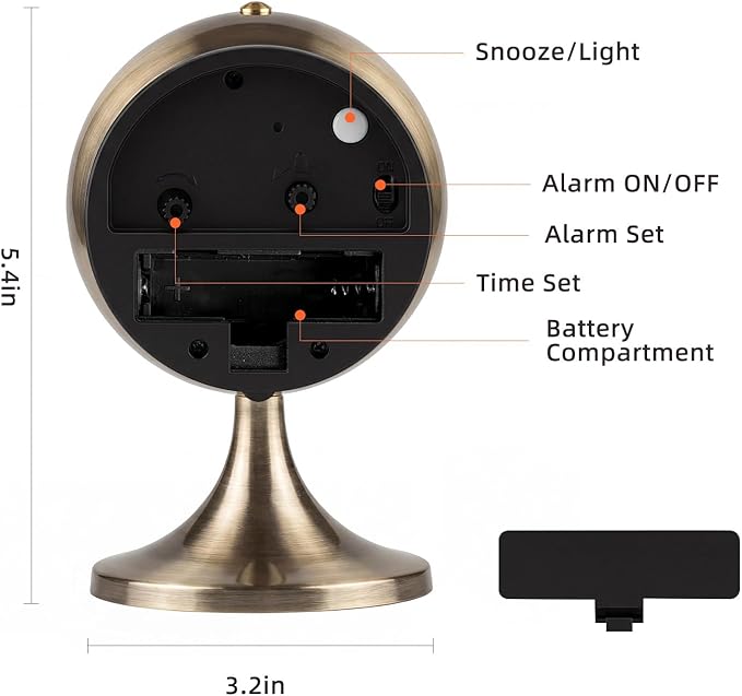 Analog Alarm Clock, Mid-Century Modern Desk Clock, Silent Non-Ticking Quartz Table Clock with Gold Hands, Battery Operated Decorative Clock for Bedroom, Office, Living Room (Gold)
