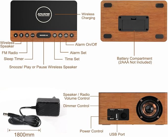 ANJANK Wooden Bluetooth Speaker, Alarm Clock with FM Radio, Qi Certified Fast Wireless Charging Station for iPhone/Samsung, USB Charger Port, Dimmable Display, Digital Wood Clock for Bedroom, Bedside